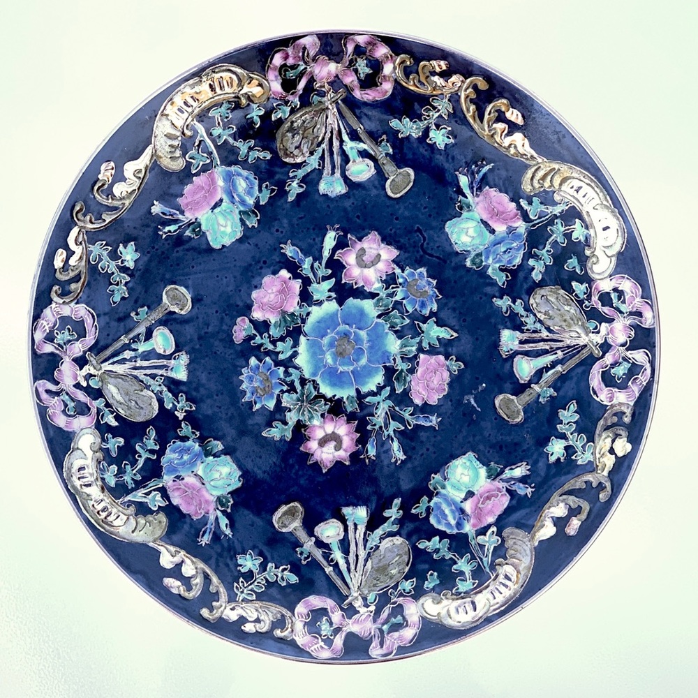 Asian-Inspired Hand Painted Navy Blue, Pink Floral and Gold 10” Porcelain Plate